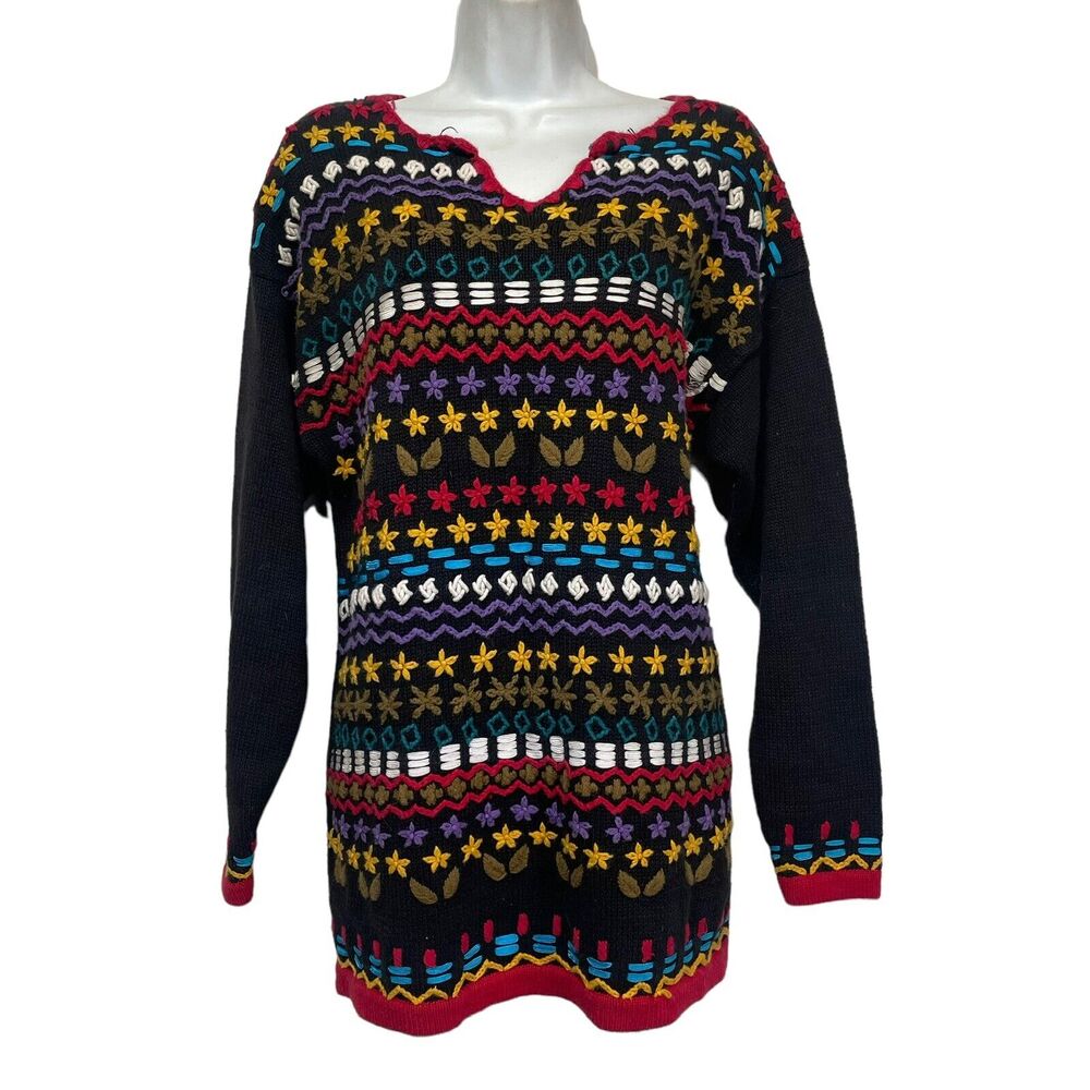 Vintage Mixit Women's Size M Ramie Cotton Colorful Floral Tunic Sweater